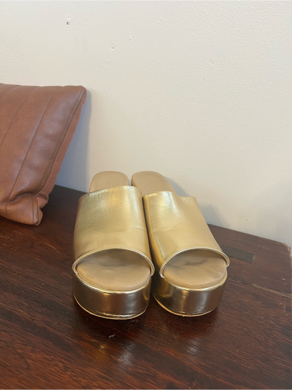 Anthropologie Metallic Gold Platform Slide Sandals